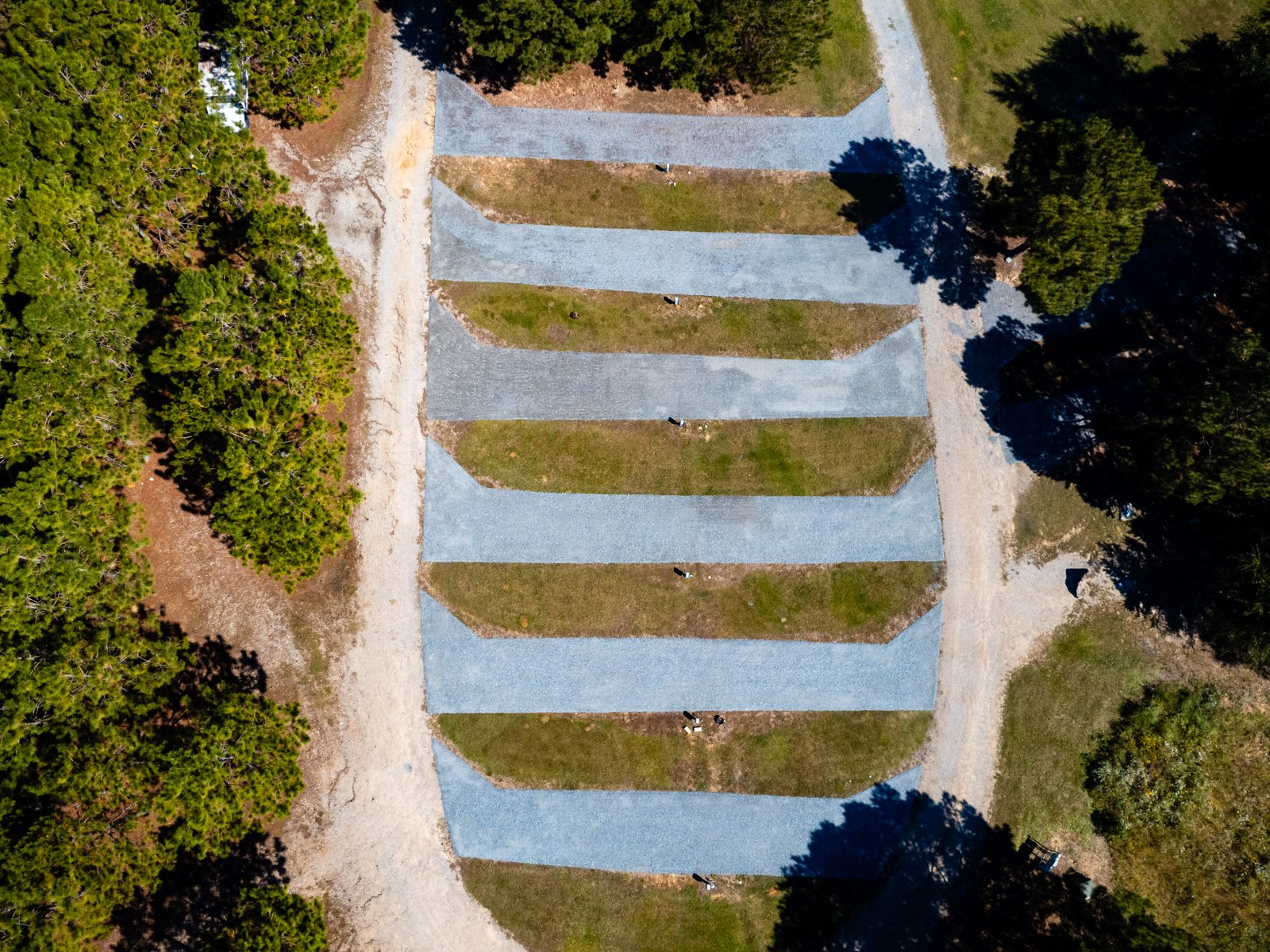 Aerial view of big rig friendly pull-through RV sites near I-16 Exit 49 in Dublin, GA