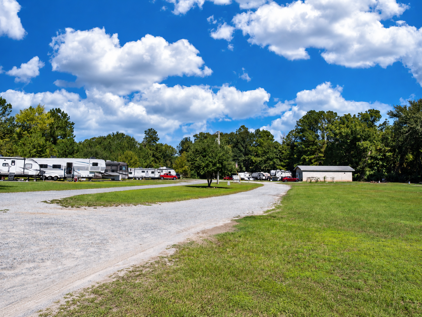Front entrance and grounds of Honeysuckle Farm RV Park off I-16 Exit 49 in Dublin, GA