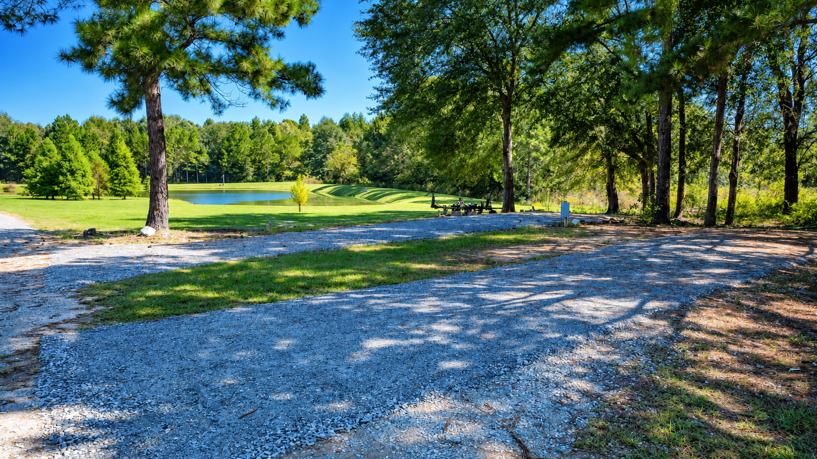 RV sites 9 and 10 near the stocked fishing pond at Honeysuckle Farm RV Park, Dublin GA