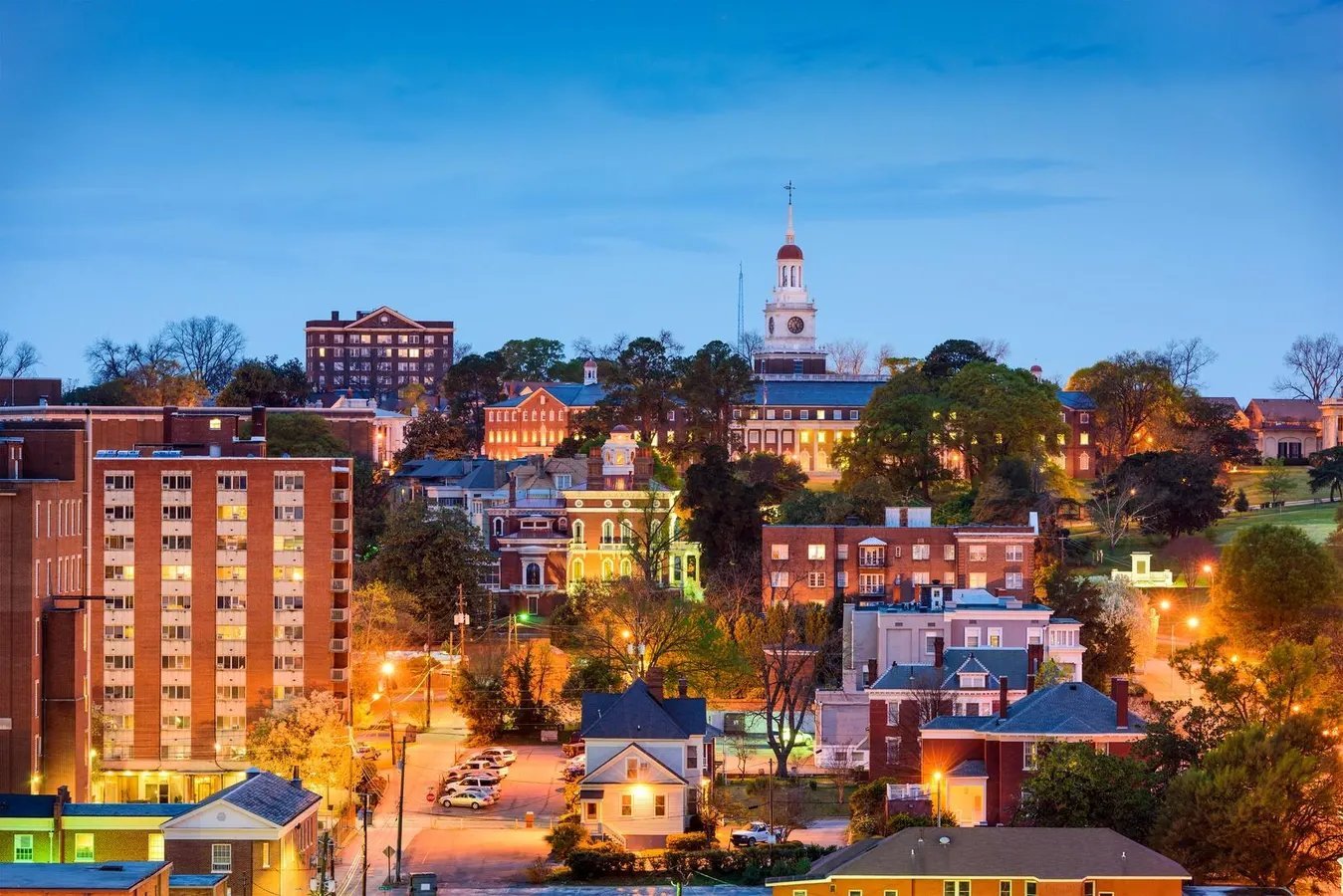 Historic Macon, GA skyline at dusk, about 50 minutes from Honeysuckle Farm RV Park