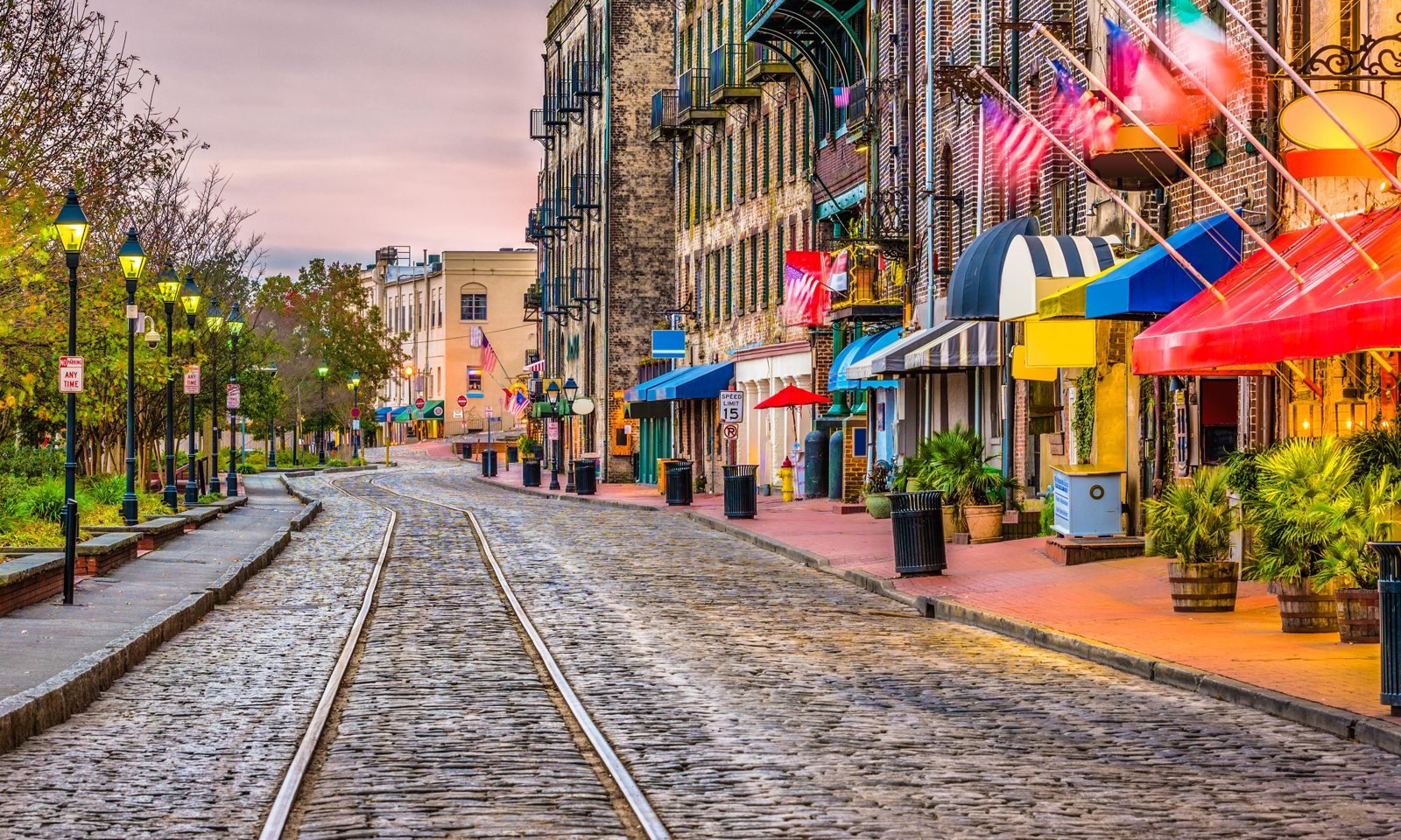 Cobblestone River Street in historic Savannah, GA, about 2 hours from Honeysuckle Farm RV Park via I-16
