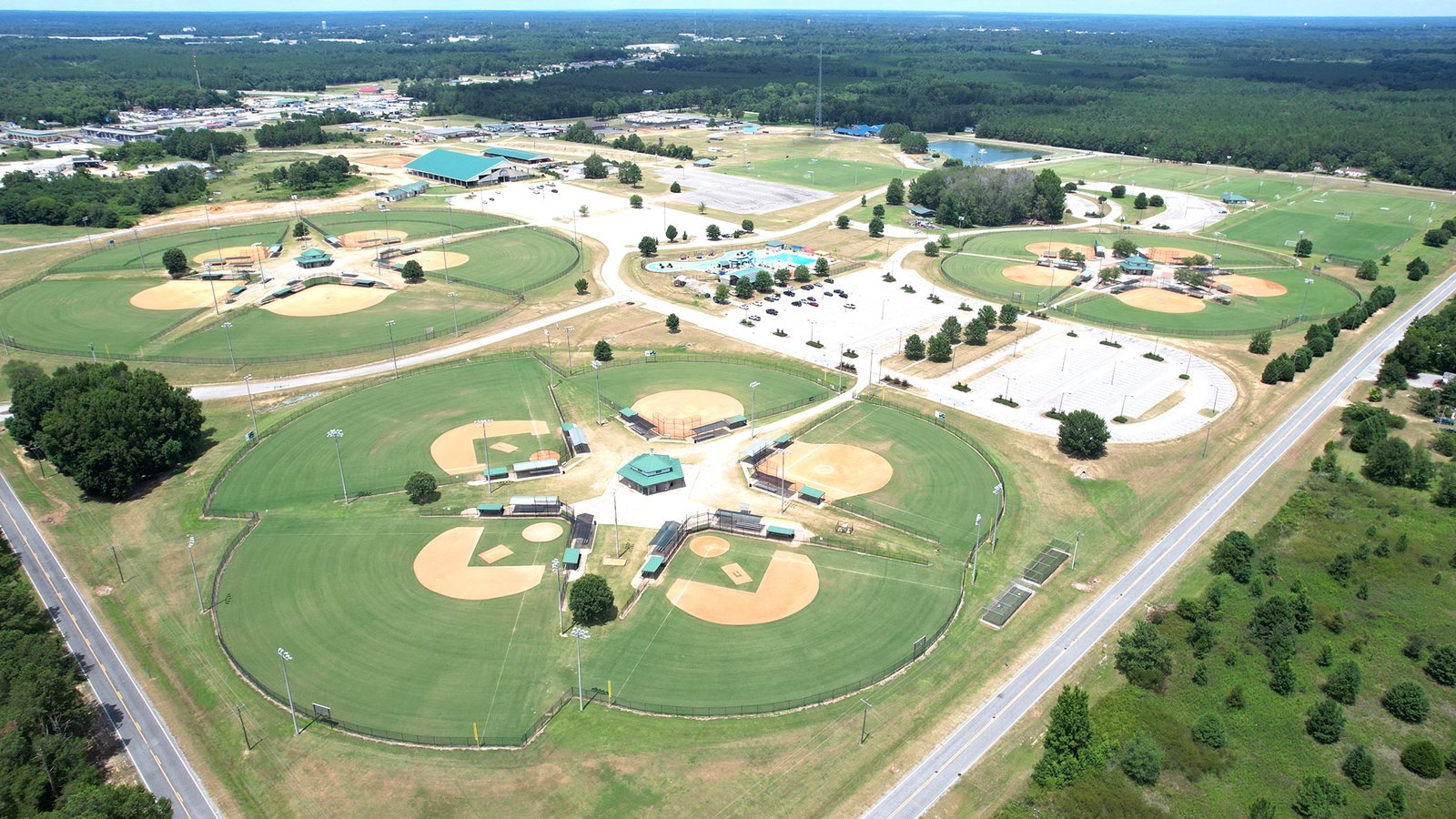 Aerial view of the Southern Pines Regional Park baseball and softball fields in Dublin, GA, near Honeysuckle Farm RV Park
